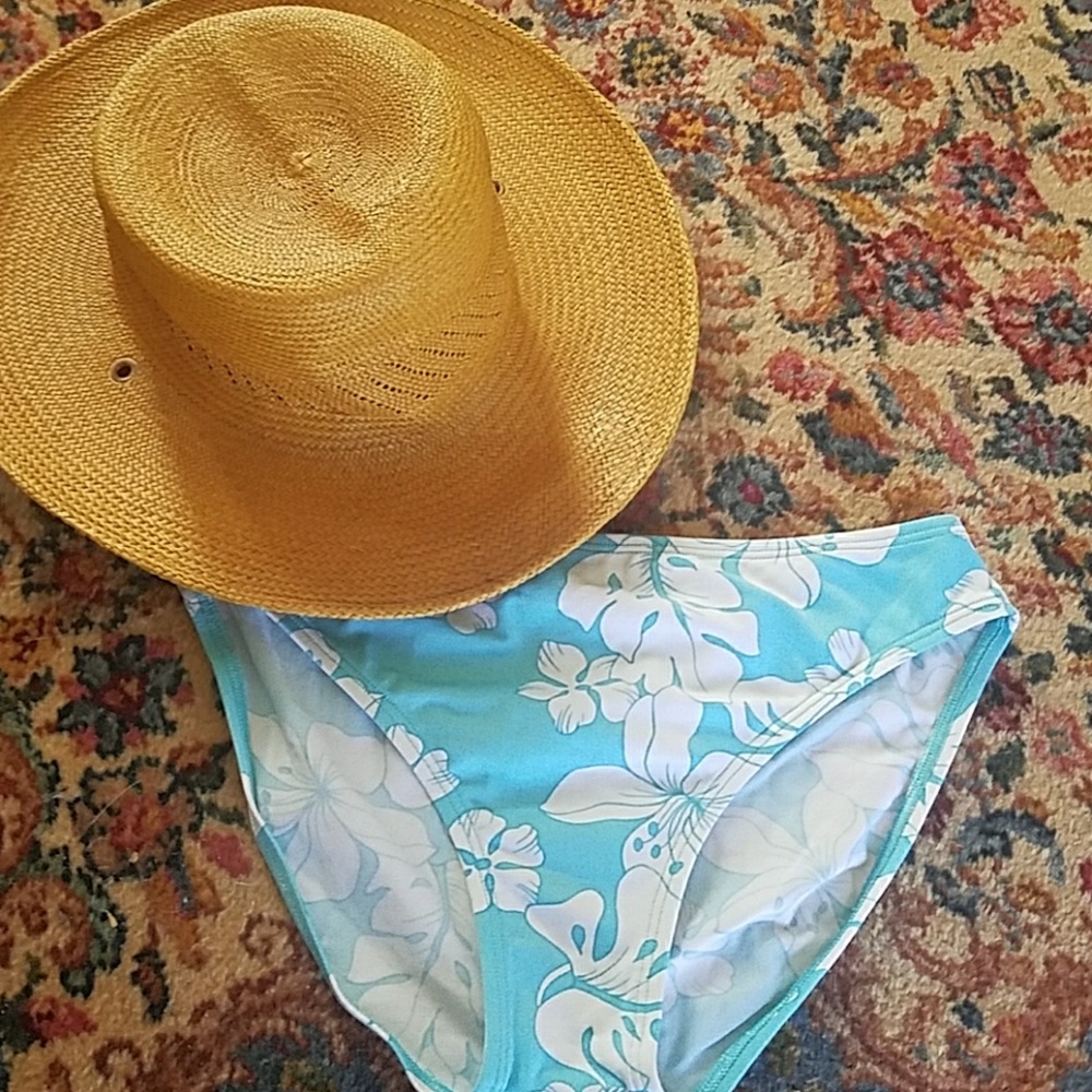 Jag White Aqua Blue Plumeria Floral Bikini Swim Bottoms Women's Size Small